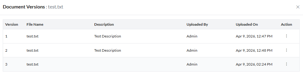 Document Versions modal window