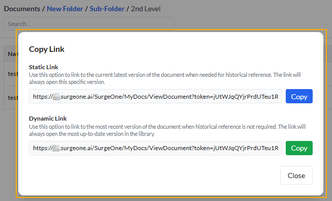 Copy Link modal window