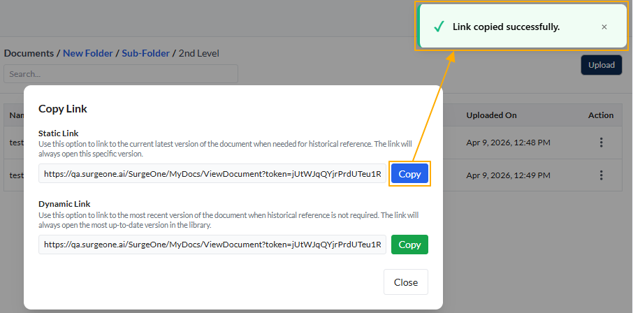 Success notification on successful URL copy