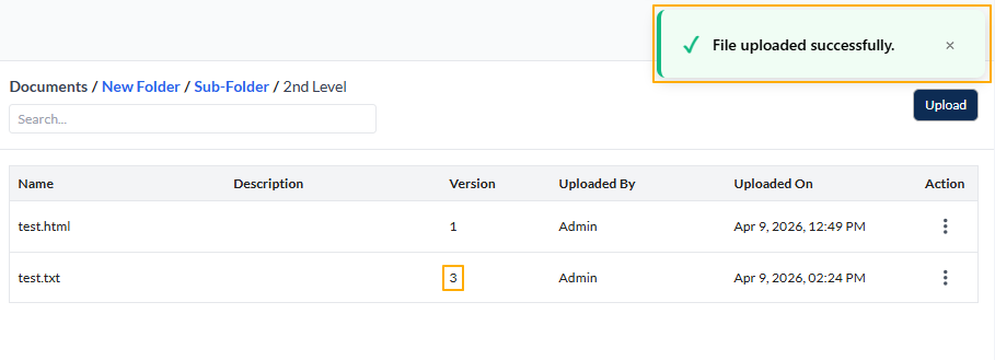 File reupload activity successful notification and file version update