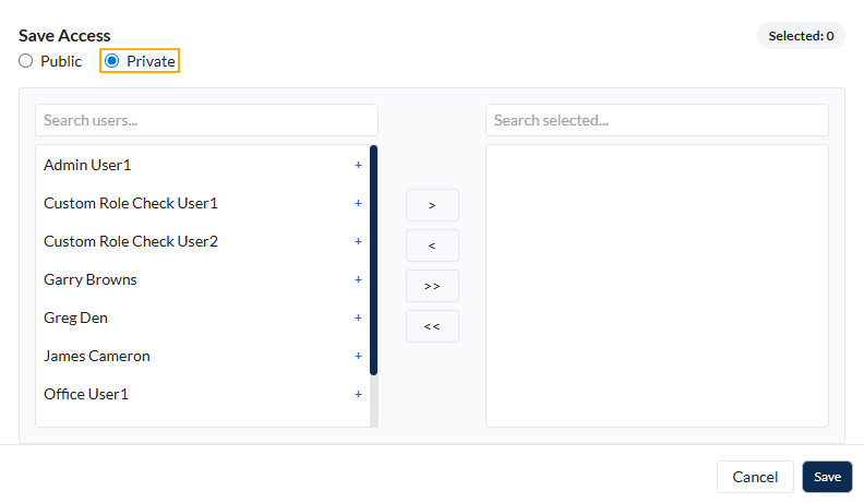 Private access user selection panels