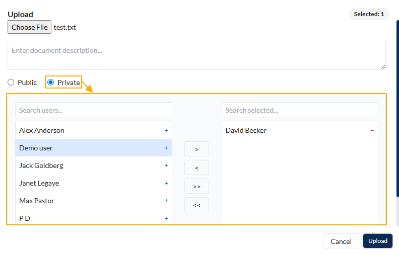 Fig: 38 - Selecting users to grant private access to the chosen file