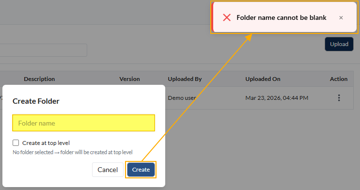 Fig: 11 - Validation to enter folder name