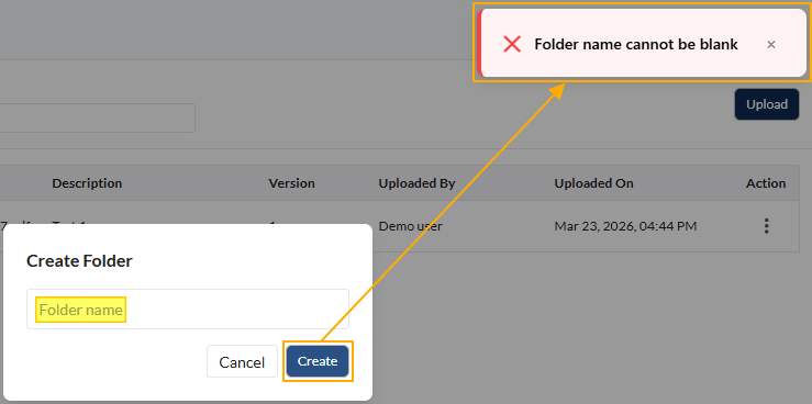 Fig: 23 - Validation to enter folder name