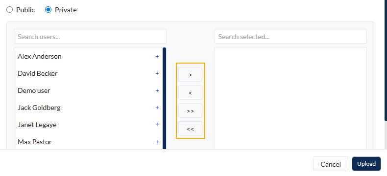 Fig: 39 - Buttons to select and move users to provide the private accessibility of the file which is being uploaded