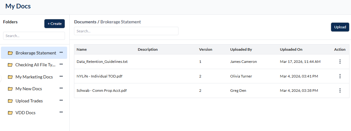 My Docs menu loads the My Docs page