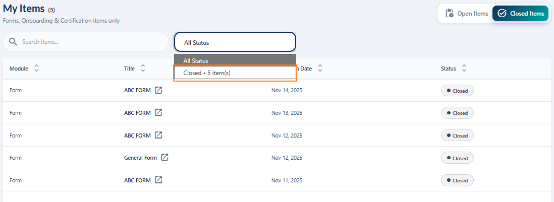 Closed Items status selection dropdown option