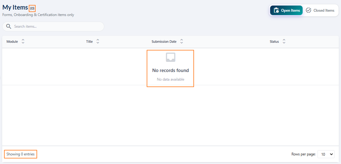 My Items blank grid view