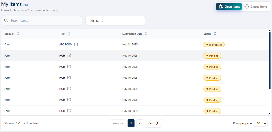 My Items menu loads the My Items page
