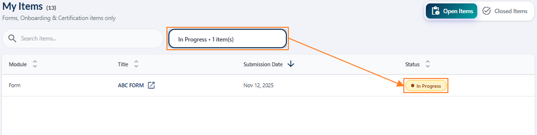 Status selection loads items belonging to that status only