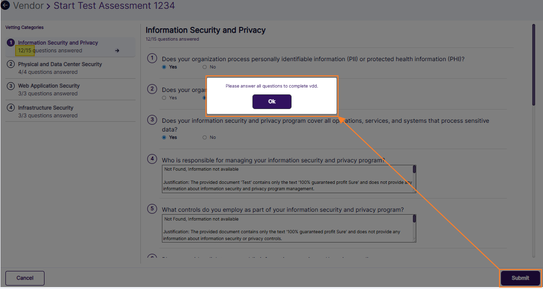 Validation prompt to respond to all of the questions