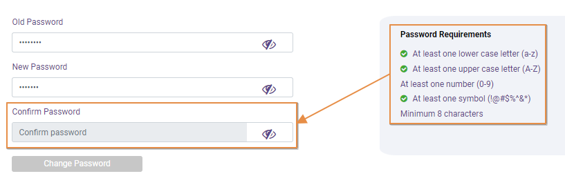 Change Password button disabled since all the conditions are not met yet