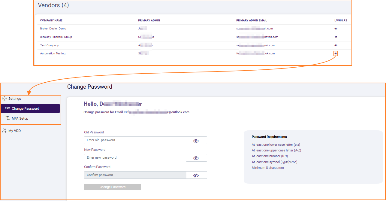 Settings menu group accessed from Vendors company selection page