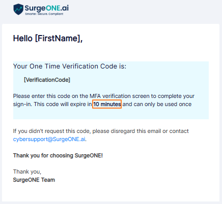 SurgeONE One-Time Verification Code Mail Template in Template Library