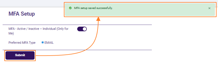 Success notification on MFA setup for own user account