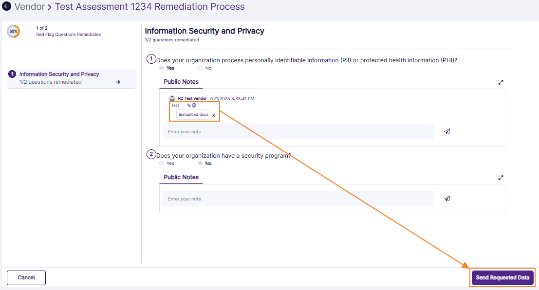 Send Requested Data button