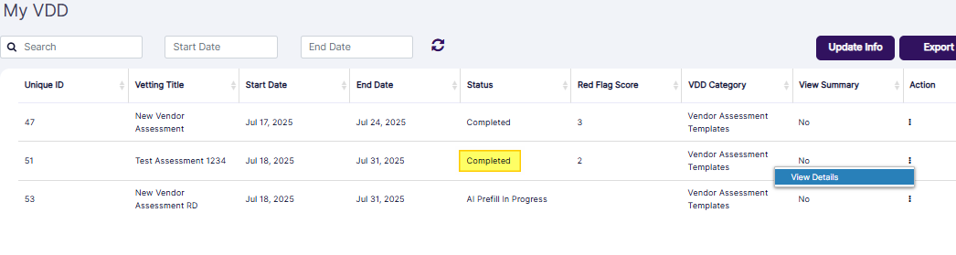 View of the completed vendor assessment with its updated status and expanded row context menu option