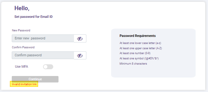 Invalid invitation link displayed below the Continue button