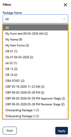 Package Name filter dropdown showing onboarding packages with count