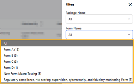 Form Name filter dropdown listing available onboarding forms with count