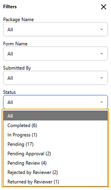Status filter dropdown showing workflow statuses with record counts