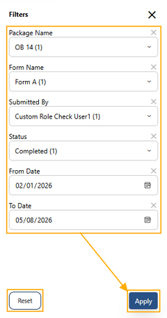 Apply and Reset buttons used to apply or clear filter criteria