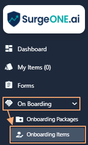 Onboarding Items menu option