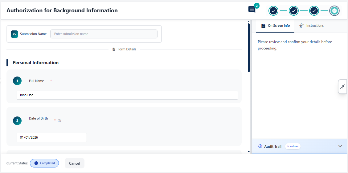 Completed form view with no further action button / option