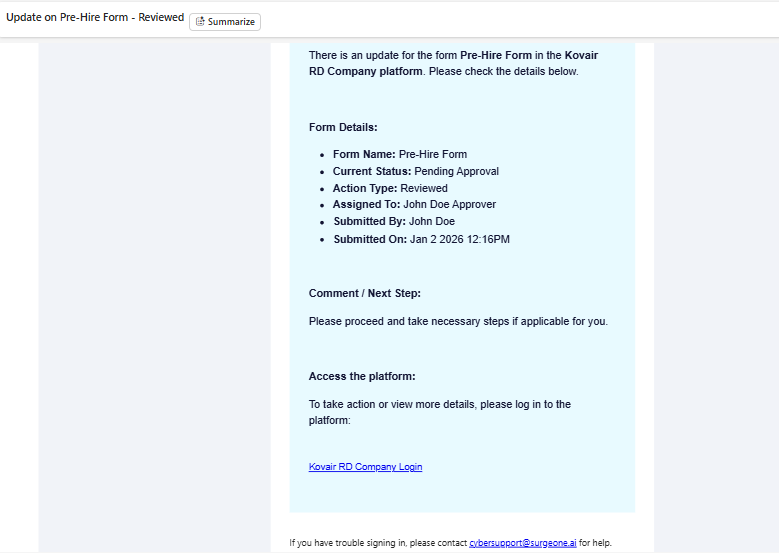 Triggered email for approval action