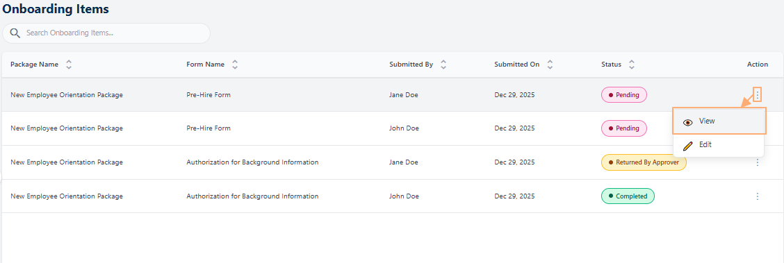 Clicking on the View menu option