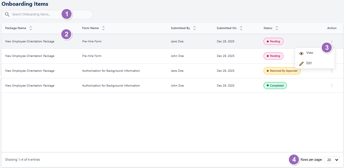 Understanding the various elements of the Onboarding Items page