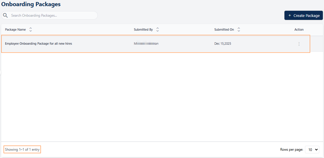 Onboarding Packages page with added custom Onboarding Packages