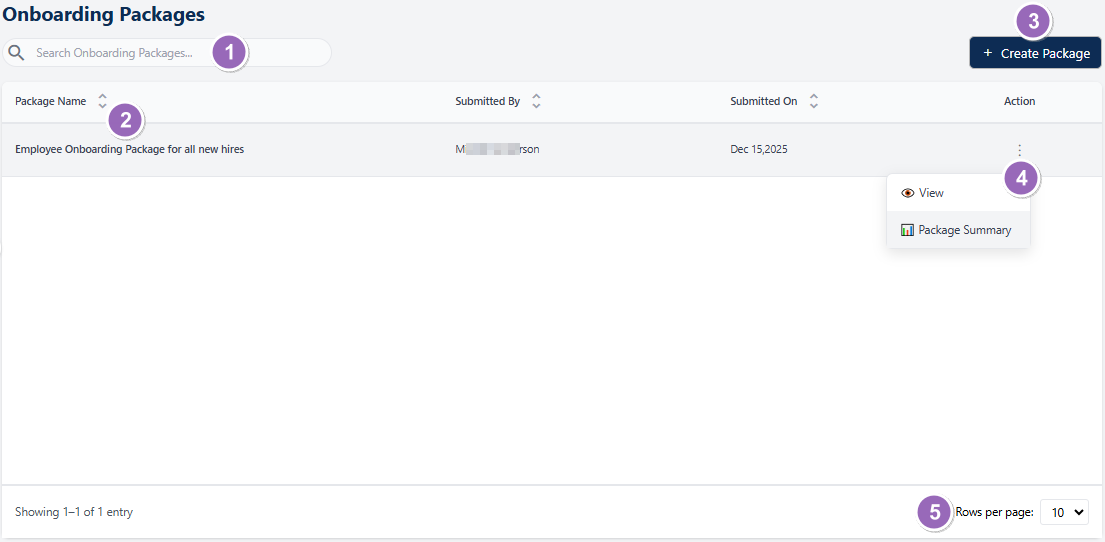 Understanding the various elements of the Onboarding Packages page