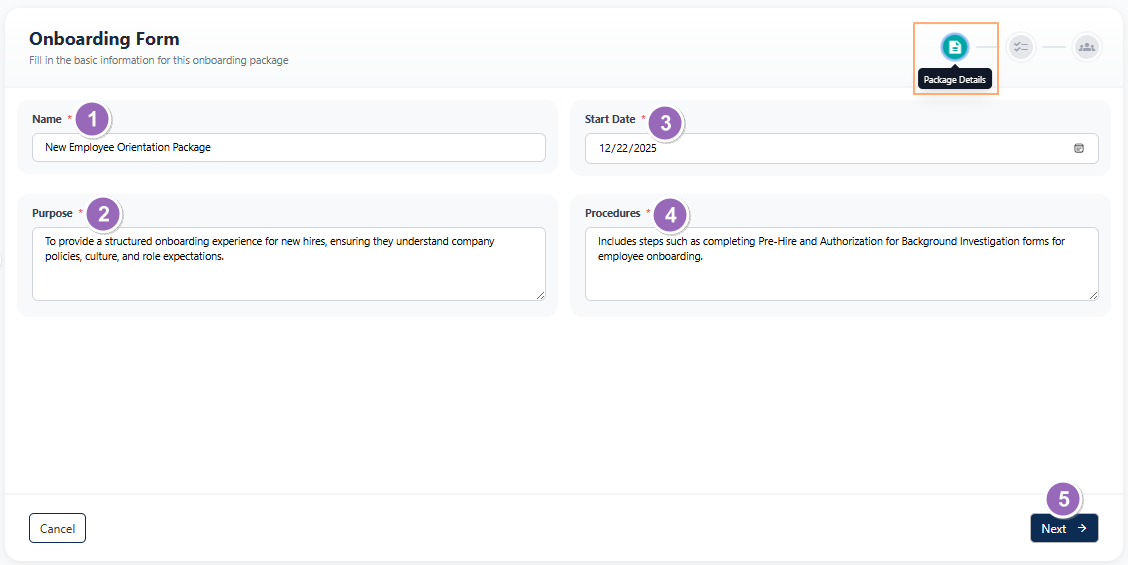 Package Details tab of Onboarding Package creation