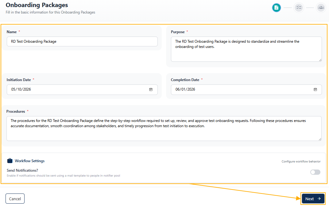 Package Details tab of Onboarding Package creation filled with sample data