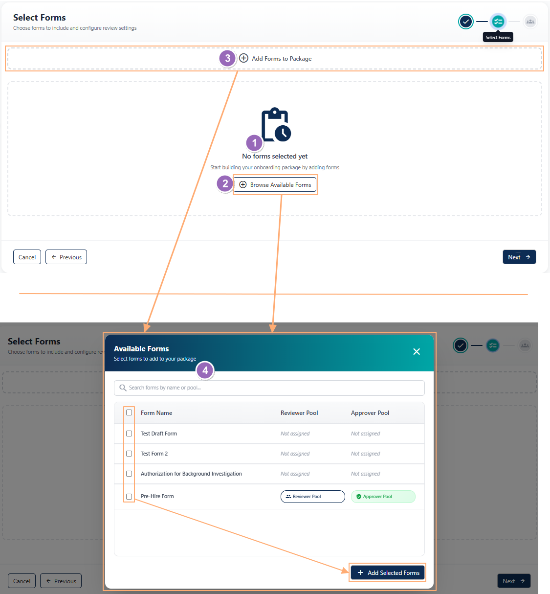 Default view of the Select Forms tab during Onboarding Package creation