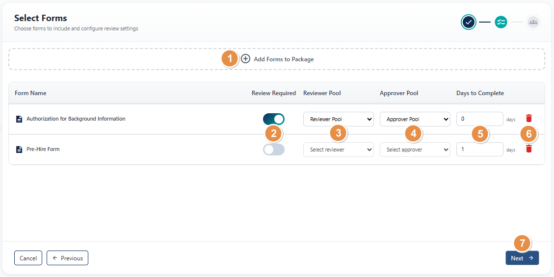 Select Forms tab view after form(s) selection