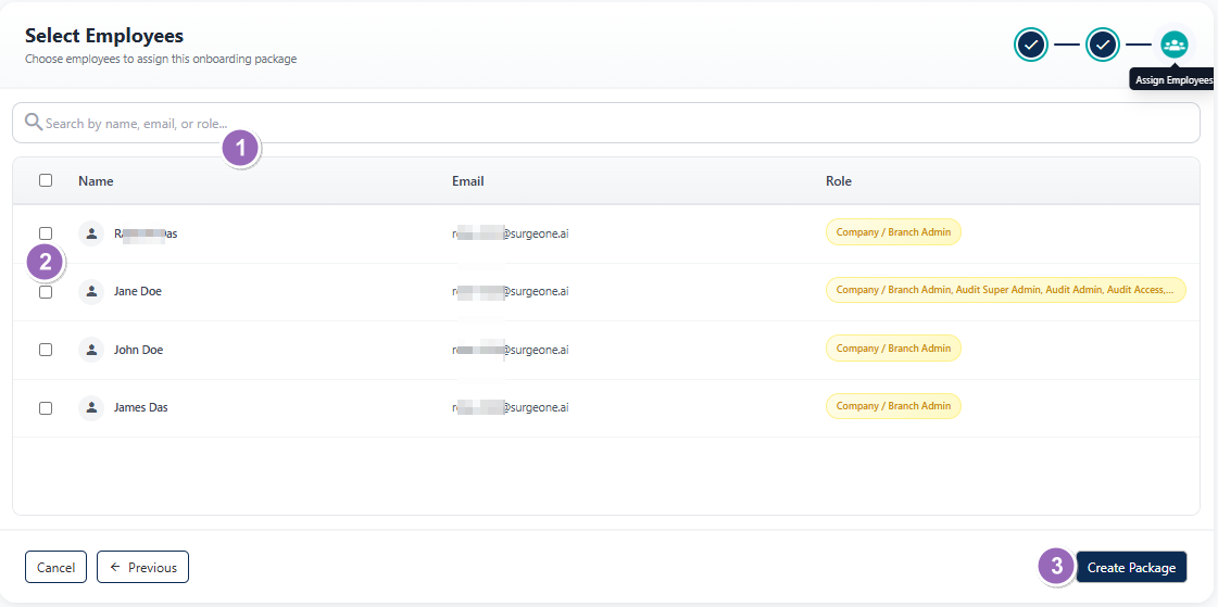 Assign Employees tab view after form(s) selection