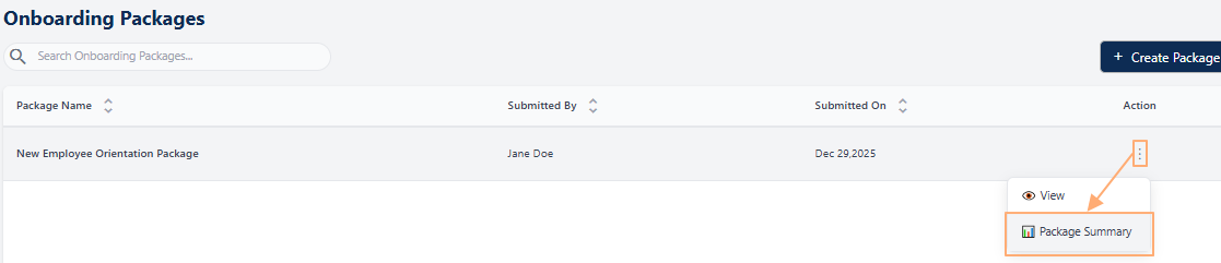 Clicking on the Package Summary menu option