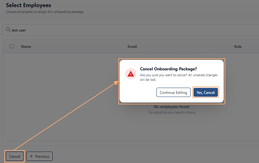 Cancelling onboarding package creation during employee selection
