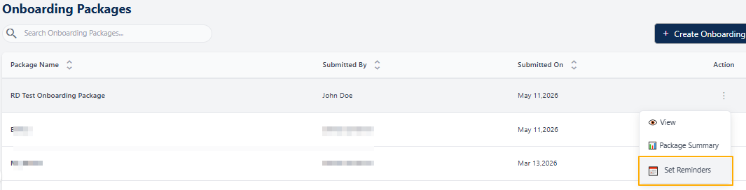 Clicking on the Set Reminders menu option