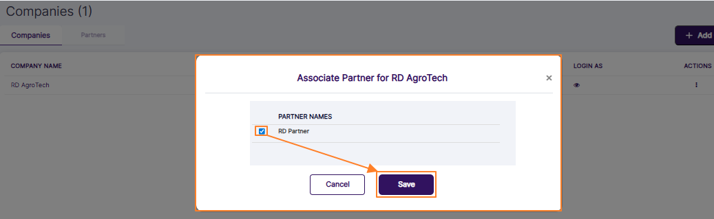 Associate Partner modal view