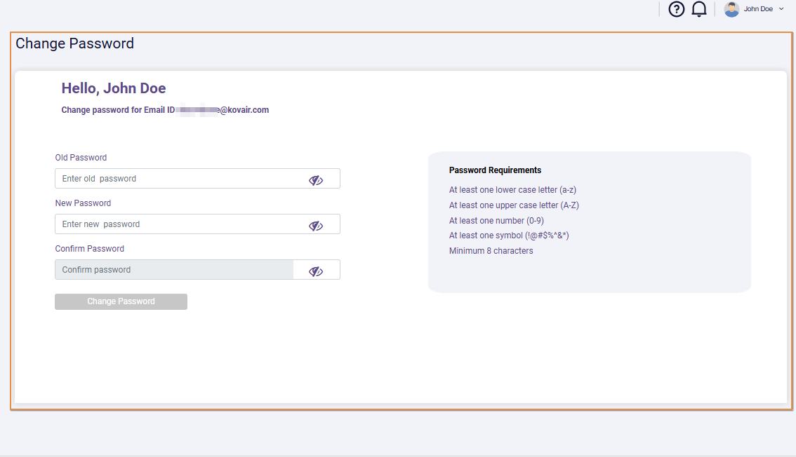 Change Password page view