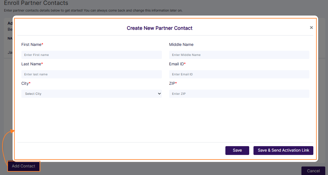 Create New Partner Contact modal view