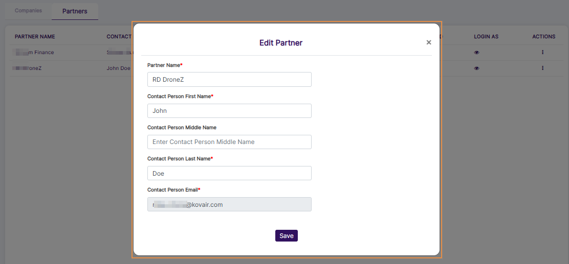Edit Partner modal view