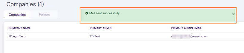 Invitation email sent success notification
