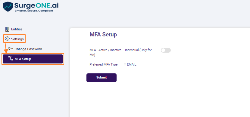 MFA Setup menu option