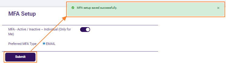Success notification on MFA setup for own user account