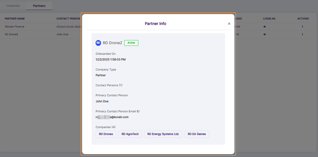 Partner Info modal view