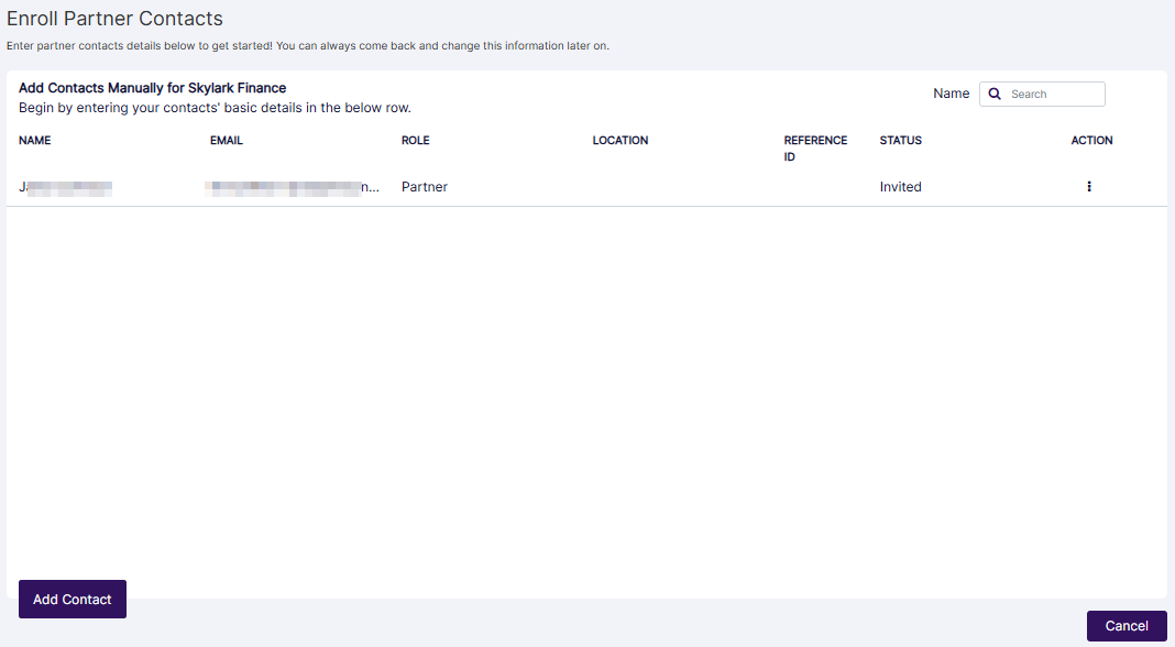 Enroll Partner Contacts modal view